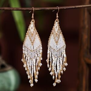 Elegant Gold and White Beaded Earrings